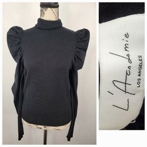 Revolve Lacademie Top Small Puff Shoulders Long Sleeve Black Knit Turtleneck